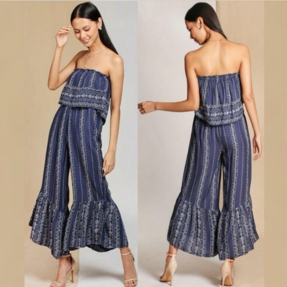 Strapless Ruffle Hem Wide-Leg Jumpsuit - Navy